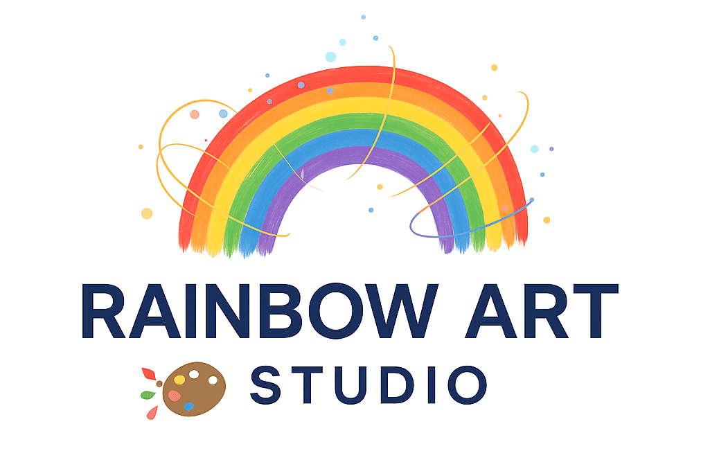 Rainbow Art Studio emblem in watercolor hues.